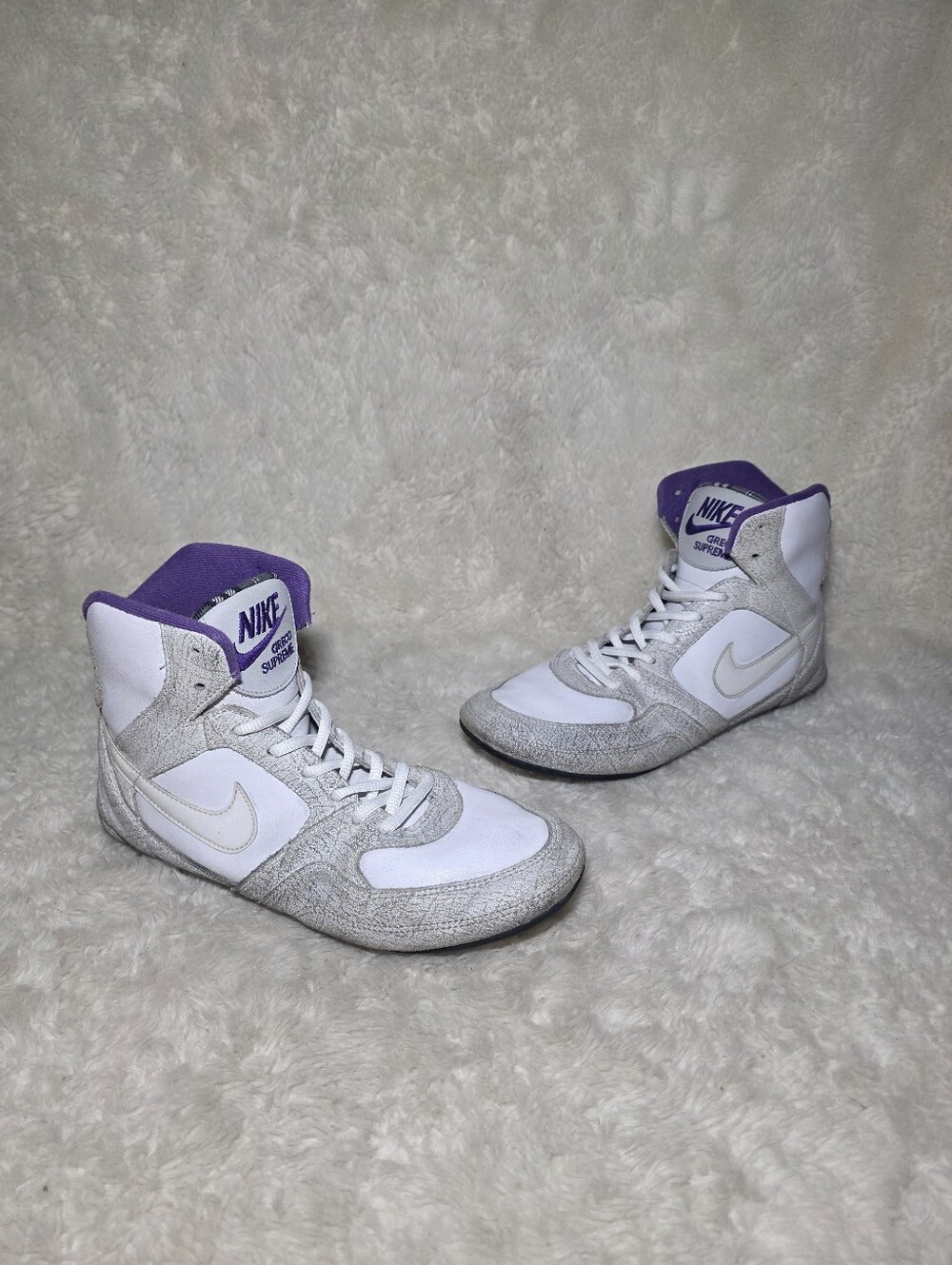 Nike Greco Supreme Wrestling Shoes White Purple Crackle Plaid High Top Womens 9